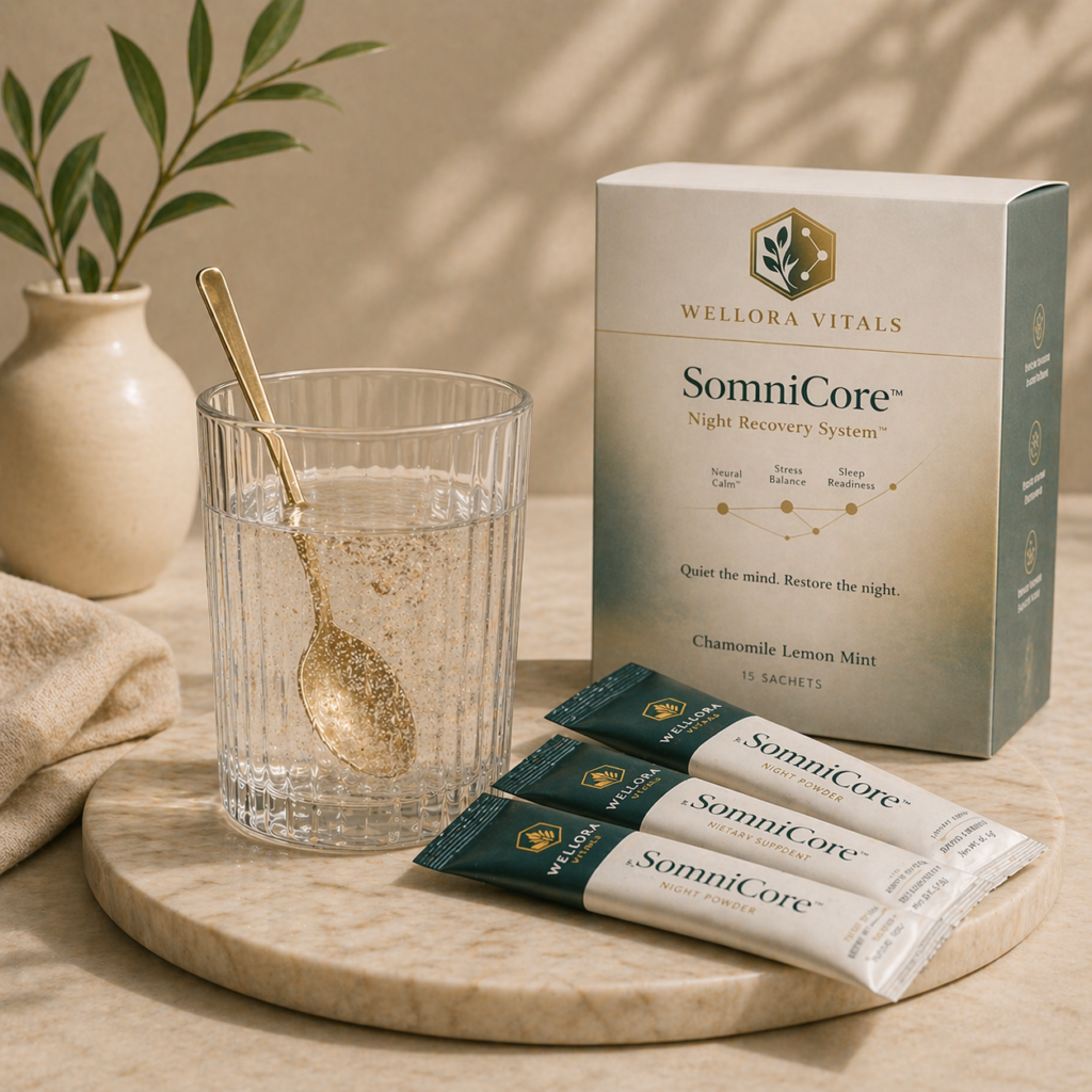 SomniCore sleep support powder sachets mixed in water as part of nighttime routine for deep sleep